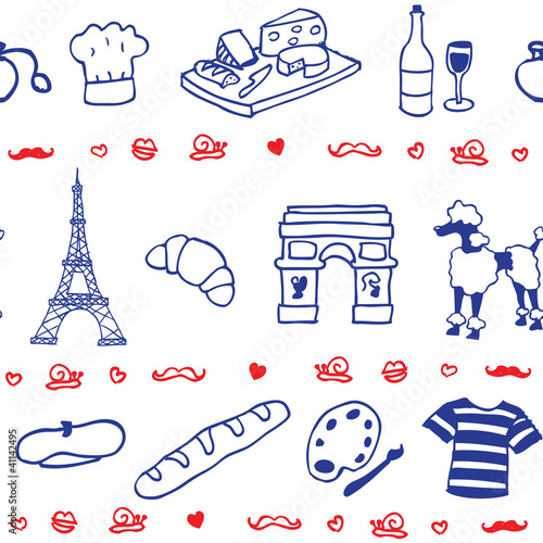 French symbols & icons illustrated seamless vector pattern
