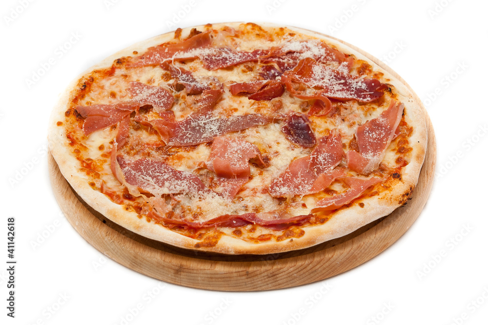 prosciutto and mozzarella pizza on wood plate