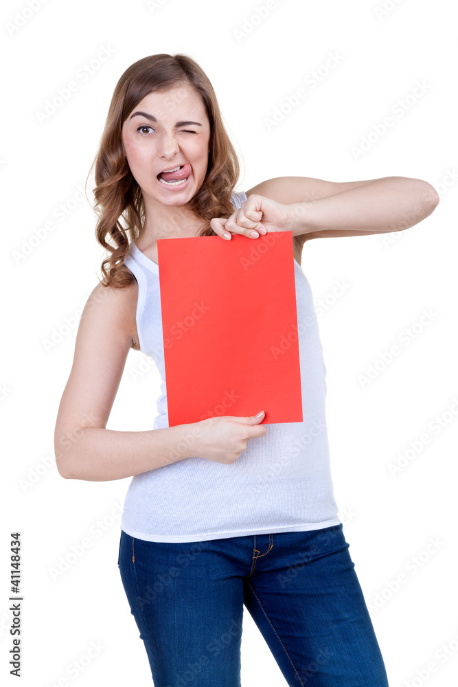 Beautiful girl with a red sheet of paper winks Beautiful girl with a red sheet of paper winks