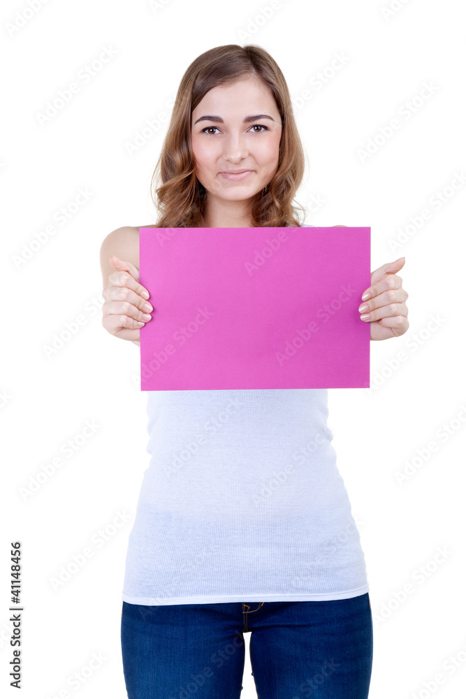 Beautiful girl with a pink sheet of paper winks Beautiful girl with a pink sheet of paper winks