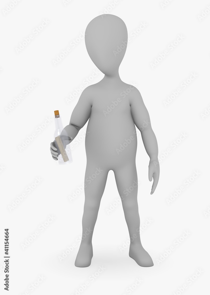 3d render of cartoon character with message in bottle 3d render of cartoon character with message in bottle