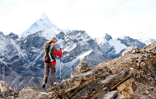 Hiker in Himalaya mountains © Maygutyak