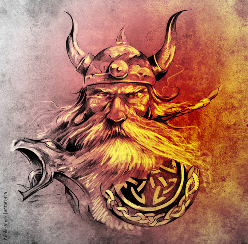 Tattoo art, sketch of a viking warrior, Illustration of an ancie photo