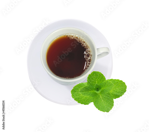 cup of tea with mint leaves isolated on white