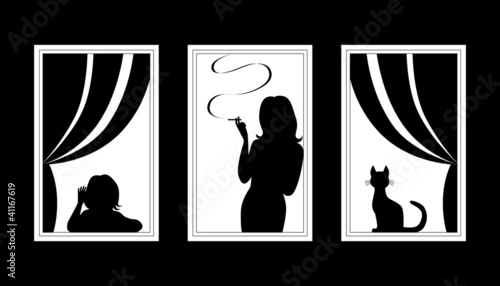 silhouettes of women, children and cats in the windows