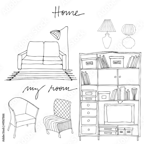 set of illustrated interior elements | bookshelf, sofa, lamp