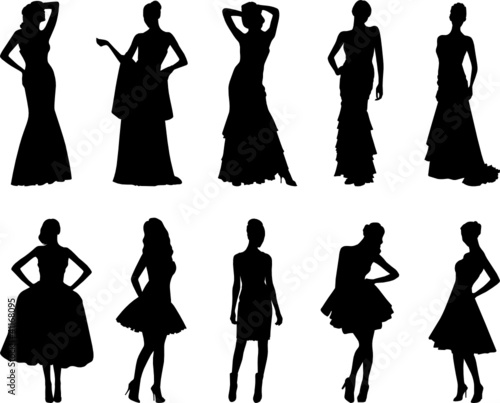 Elegant silhouettes of women in evening dresses