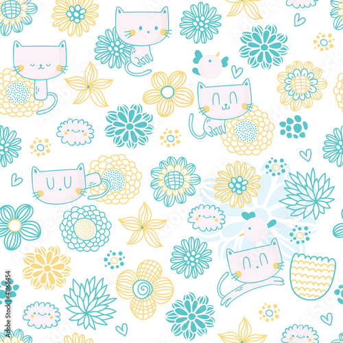 Cute seamless pattern with funny cartoon cats, birds and flowers
