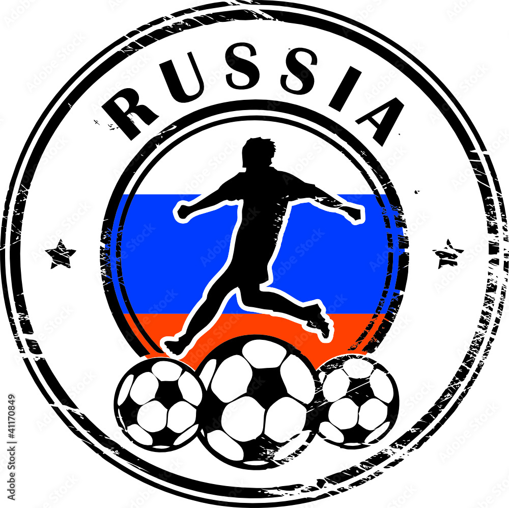 Stamp with football and name Russia, vector illustration
