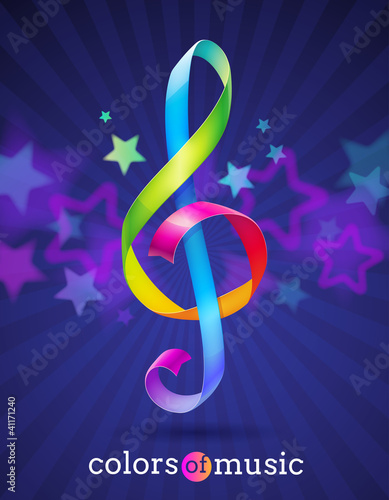 Multicolored glossy ribbons in the shape of treble clef