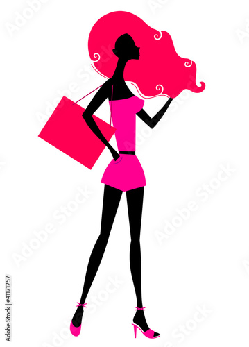 Retro girl shopping silhouette isolated on white