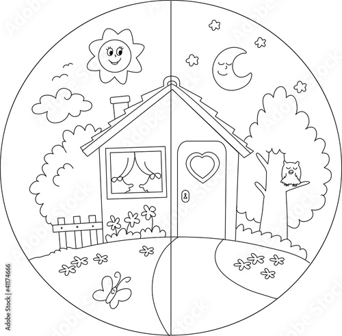 Casa di campagna giorno e notte da colorare per bambini.