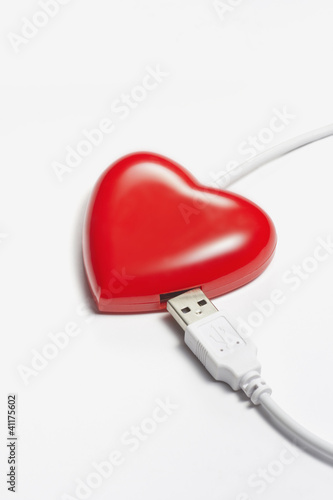 red heart connect with USB plug, isolated in white background