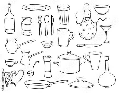 household objects and dishes vector set