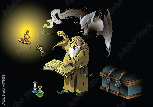 A wizard summoning ghostly demon, vector