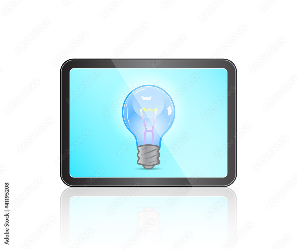 Modern Tablet with Bulb on Light Blue Screen Modern Tablet with Bulb on Light Blue Screen
