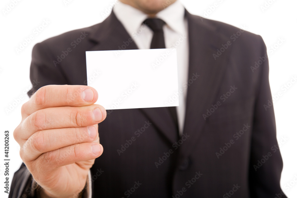 Business man handing a blank business card over white background Business man handing a blank business card over white background