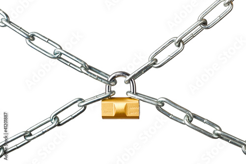 Metal chains secured by a padlock isolated on white