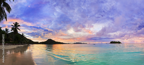Tropical beach Cote d'Or at sunset, Seychelles photo