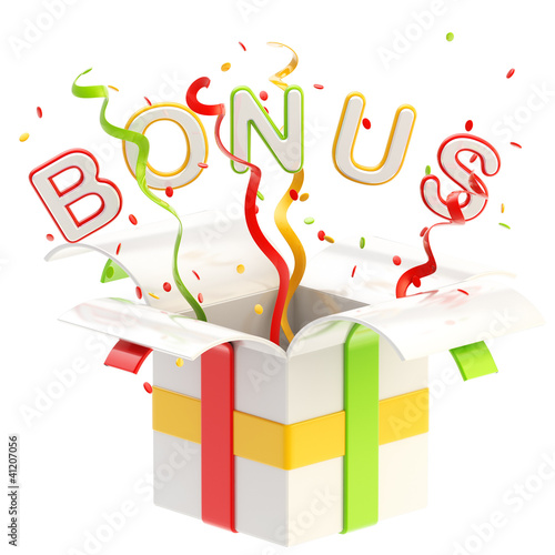 Word "bonus" inside a gift box