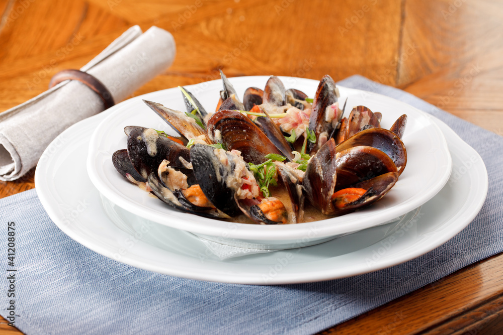 bowl with cooked mussels bowl with cooked mussels