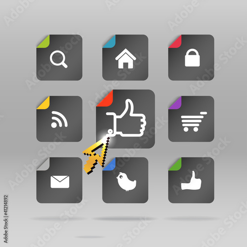 Modern social media paper buttons and the glowing arrow