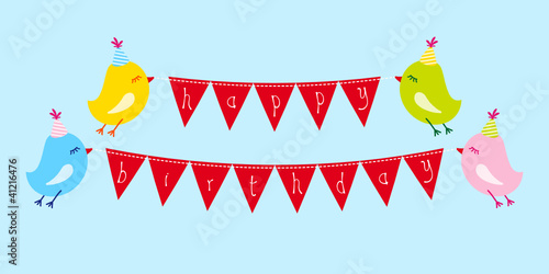 4 Birds Flying Holding Red Festoons Blue Background