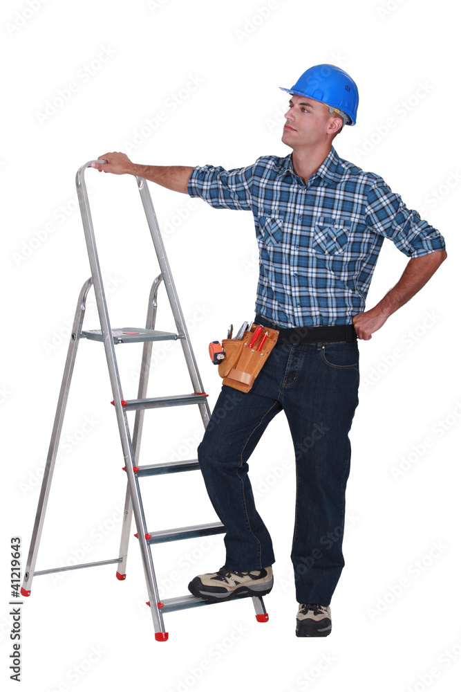 Manual worker stood with ladder Manual worker stood with ladder