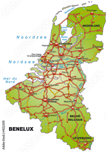 Inselkarte der Beneluxländer mit Hauptstädten und Autobahnen