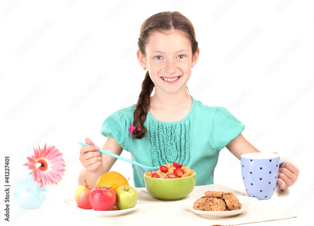 little beautiful girl have a breakfast on white background little beautiful girl have a breakfast on white background