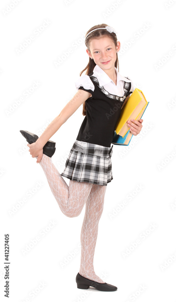 beautiful little girl in school uniform with books isolated beautiful little girl in school uniform with books isolated