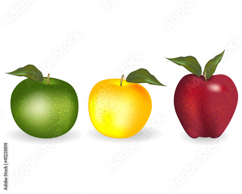 three colorful apples, red, yellow, green