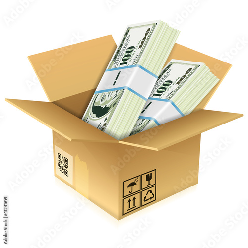 Cardboard Box with Dollar Bills