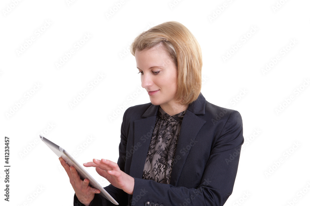 Junge blonde Geschäftsfrau mit einem Tablet PC Junge blonde Geschäftsfrau mit einem Tablet PC