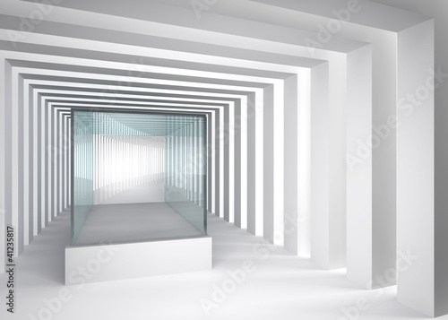 Empty glass showcase in grey room with columns