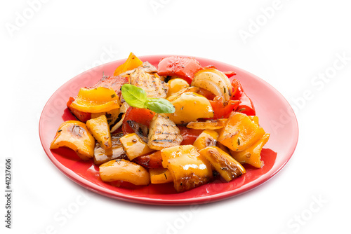 grilled onion and capsicum on white background