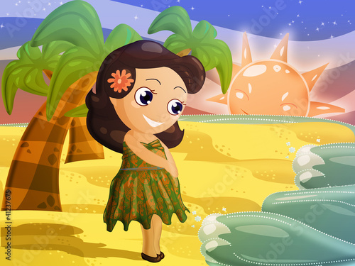 Little Hawaiian character look at the sunset