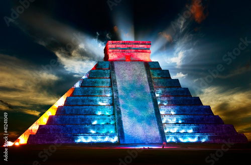 Chichen Itza Mayan Pyramid Night View photo