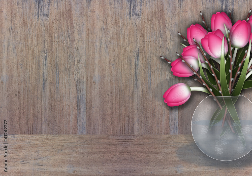 Pink tulip and willow branches on wood texture Pink tulip and willow branches on wood texture