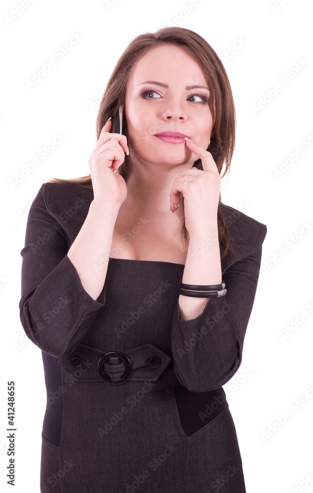 Young Businesswoman answering the phone isolated