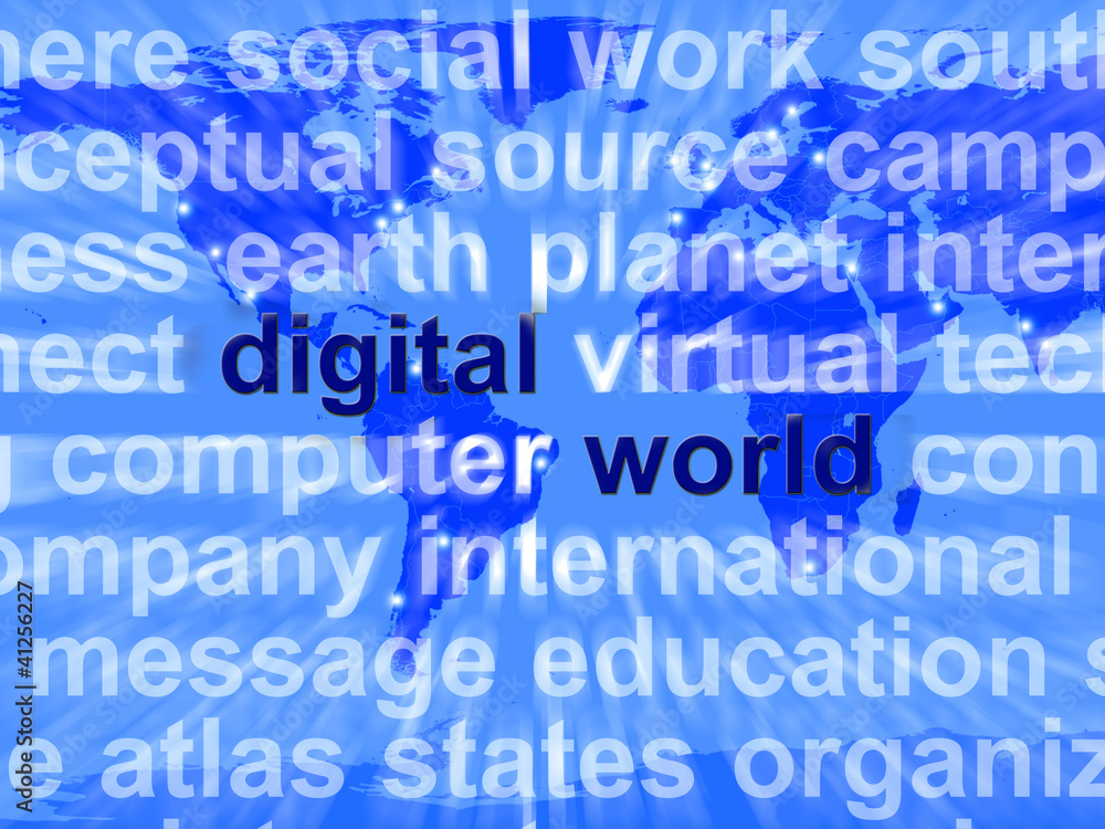 Digital World Words On Map Showing Global Internet Or Worldwide Digital World Words On Map Showing Global Internet Or Worldwide