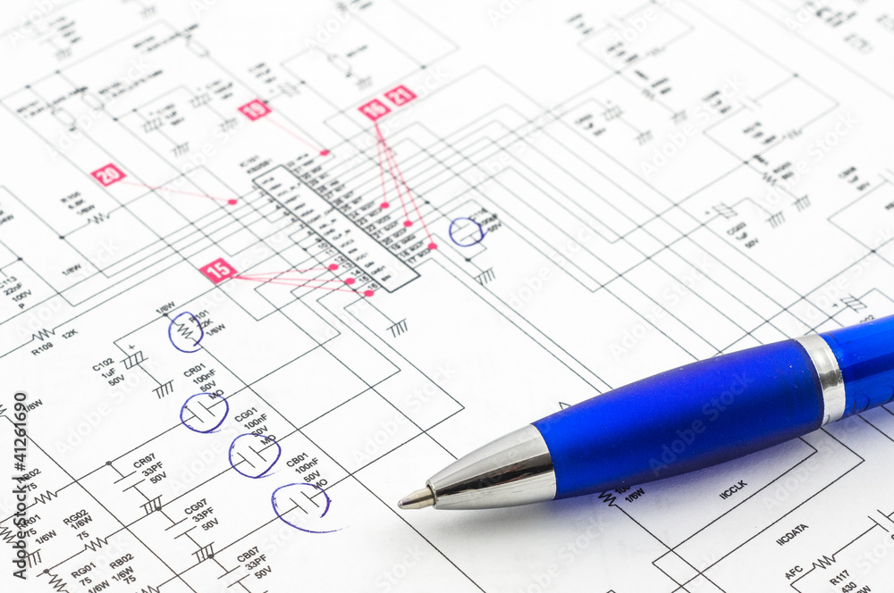 Electricity diagram (drawing or design) with pen on blueprint Electricity diagram (drawing or design) with pen on blueprint