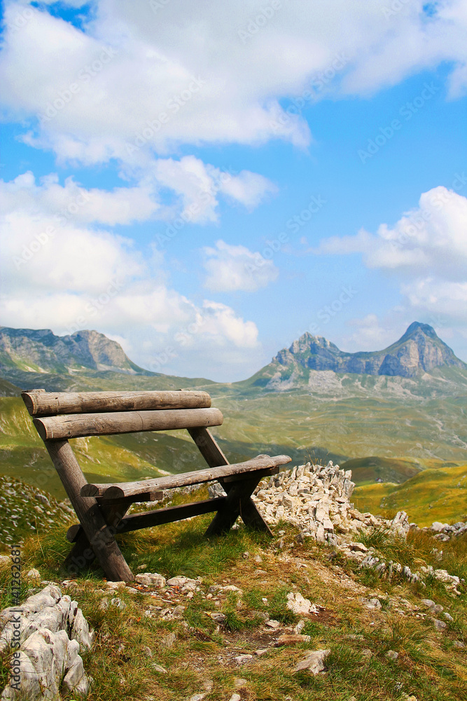idyllic view of a bench in national park Durmitor