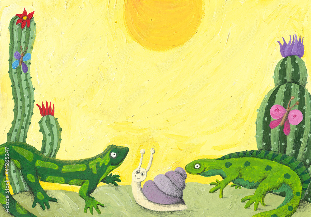 Obraz premium Two cute lizards in the desert