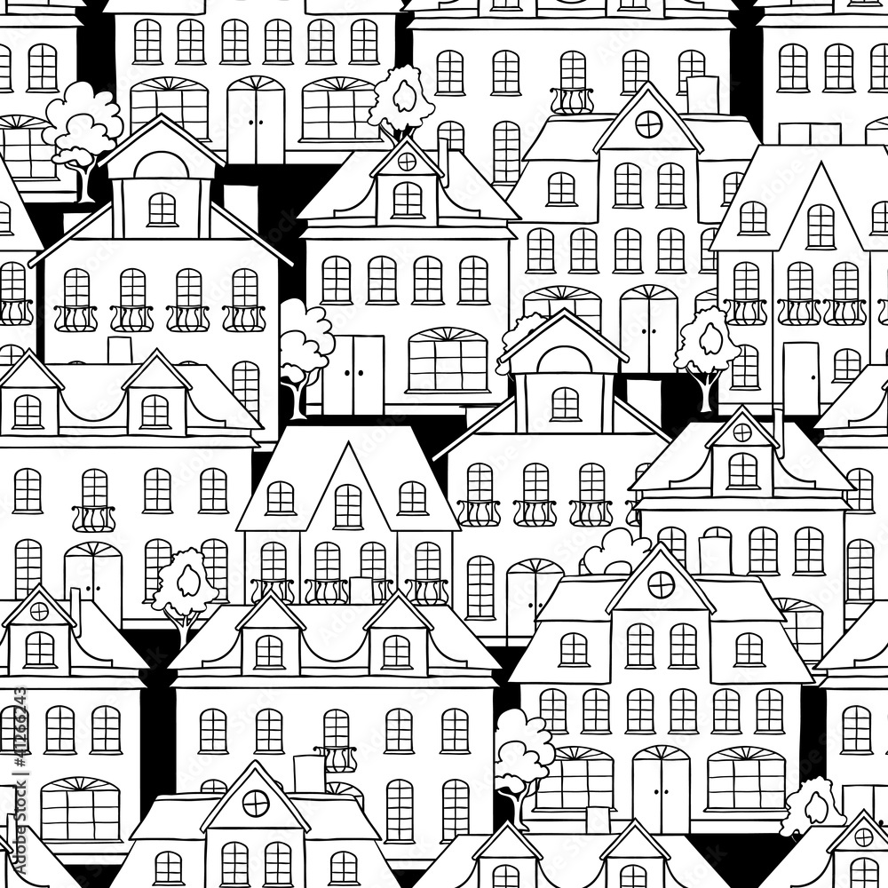 Seamless vector pattern with houses and trees.