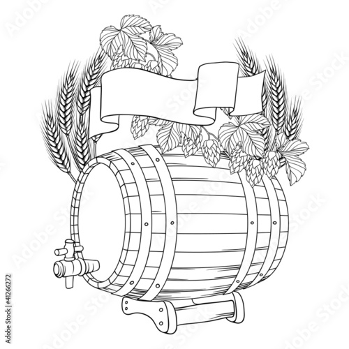 Vector illustration of a barrel, mug, wheat, hops.