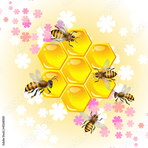 Floral background with honey and bees