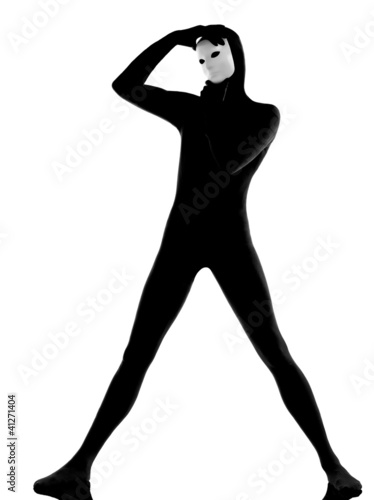 performer mime with mask thinking head in hands