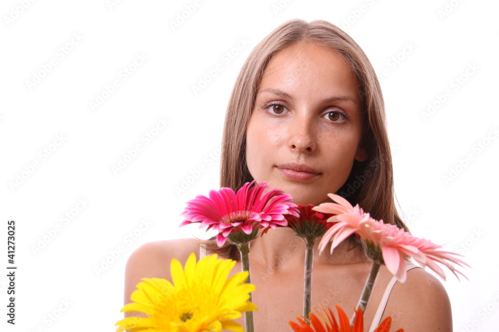 woman with flower, isolated on white