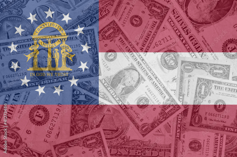 US state of georgia flag with transparent dollar banknotes in ba
